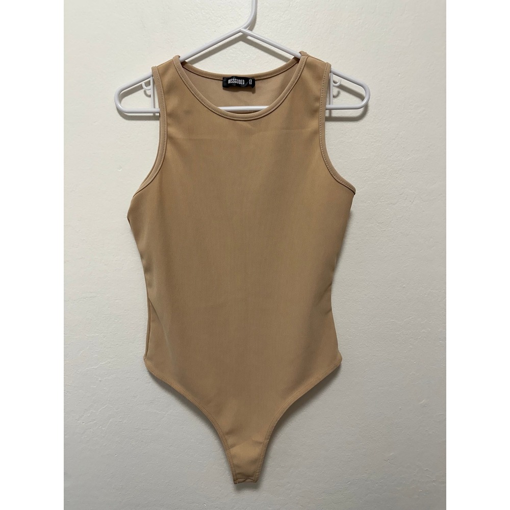 Missguided Sleeveless Bodysuit Tank Top Ribbed Beige Neutral Everyday Casual, 10